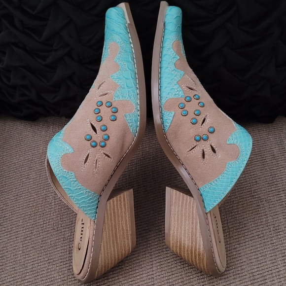 CAMI CAMEL TURQUOISE GENUINE LEATHER SOUTHWESTERN MULES - Picture 4 of 11